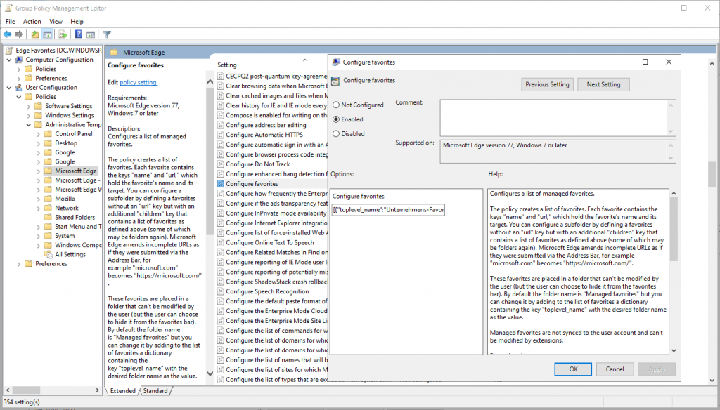 configure Favorites group policy
